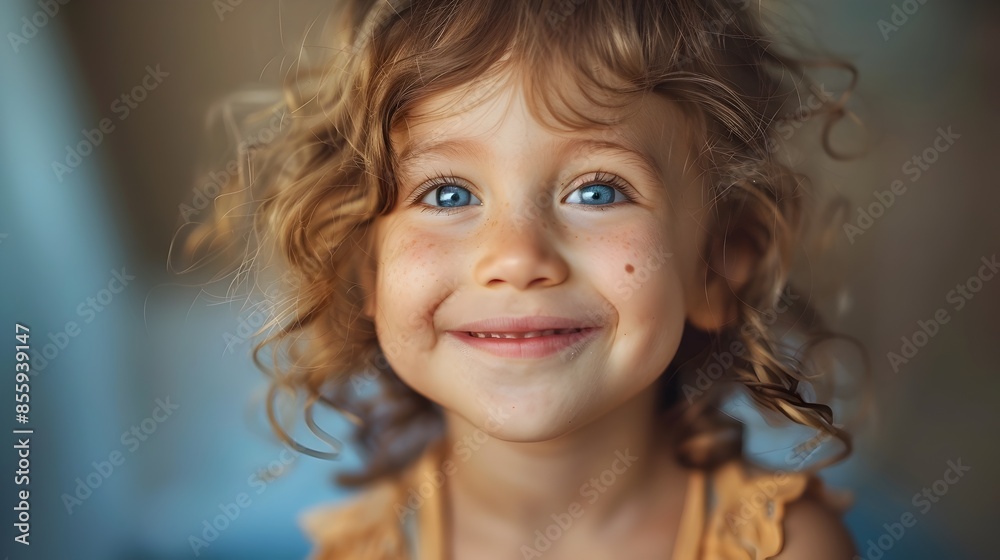 Joyful and Innocent Childhood Portrait of a Smiling Girl with Curly Hair and Blue Eyes Joyful and Innocent Childhood Portrait of a Smiling Girl with Curly Hair and Blue Eyes
