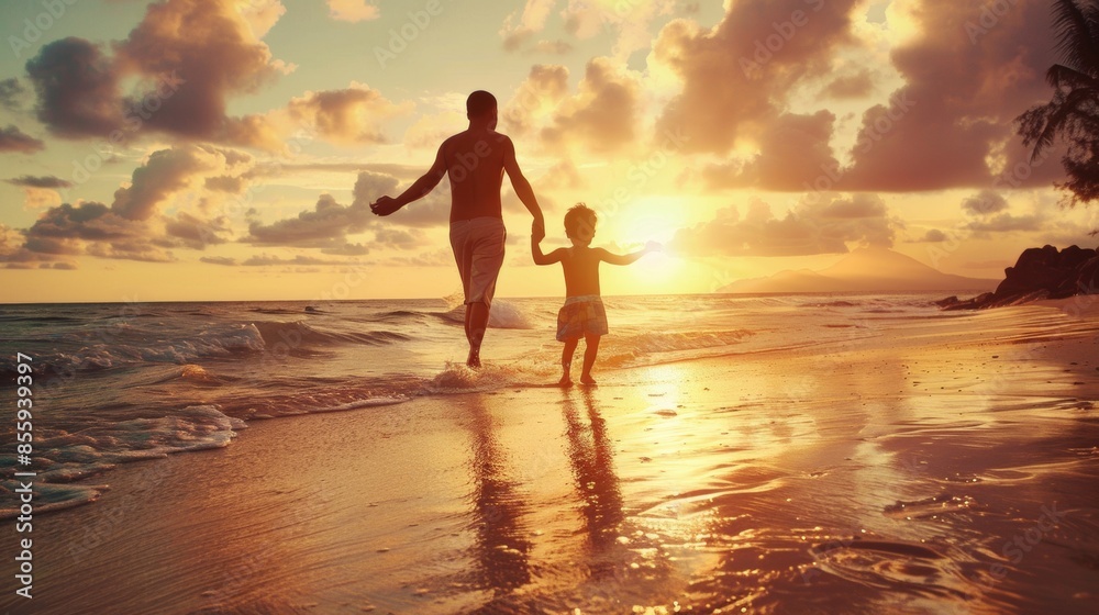 Father And His Child Enjoying The Beach Playing In The Ocean At Sunset, Father's Day Father And His Child Enjoying The Beach Playing In The Ocean At Sunset, Father's Day