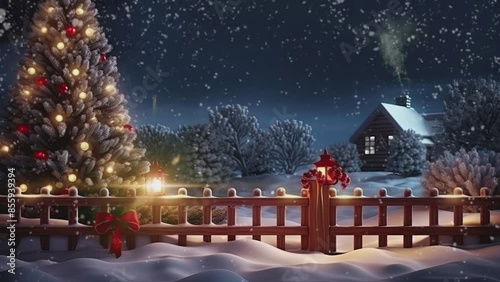 christmas celebration in the outdoor with snowfall in the night. with cartoon style. seamless looping time-lapse virtual video animation background.	 photo