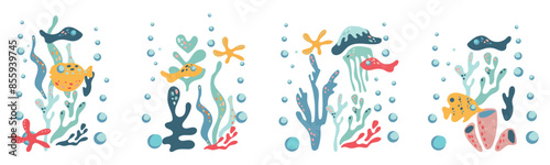 Undersea world. A set of Abstract drawings with underwater scenes of sea inhabitants and algae. Vector ornament with fish and jellyfish. For fabric, textiles, wallpaper, cards.