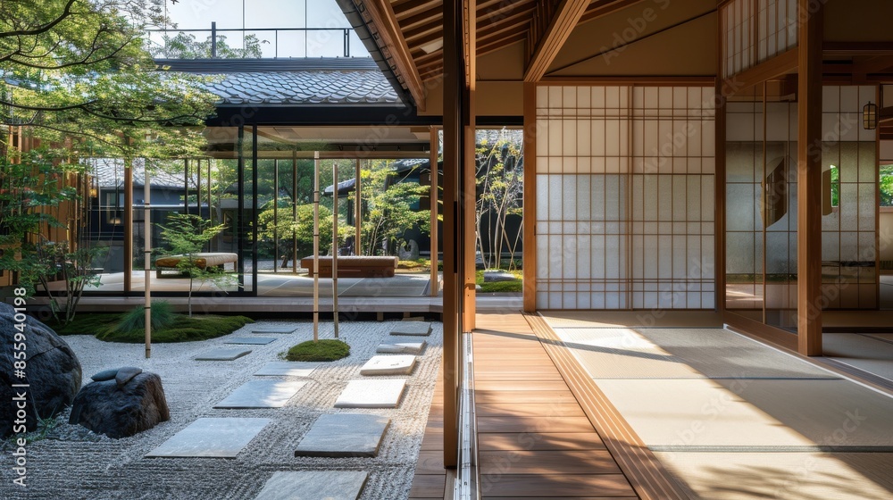 Sliding wooden doors leading to an Engawa veranda, minimalist design, creating a seamless flow of natural light, side view, modern relaxation area, scifi tone, Triadic Color Scheme Sliding wooden doors leading to an Engawa veranda, minimalist design, creating a seamless flow of natural light, side view, modern relaxation area, scifi tone, Triadic Color Scheme