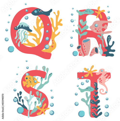 Coral capital letters Q, R, S, T, decorated with algae, corals and inhabitants of the underwater world. Vector image of alphabet and deep sea elements.
