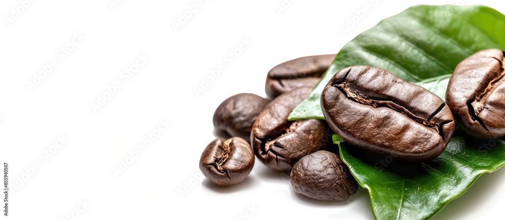 Close-up Two roasted coffee beans with fresh coffee leaves isolated on white background. Copy space image. Place for adding text or design Close-up Two roasted coffee beans with fresh coffee leaves isolated on white background. Copy space image. Place for adding text or design