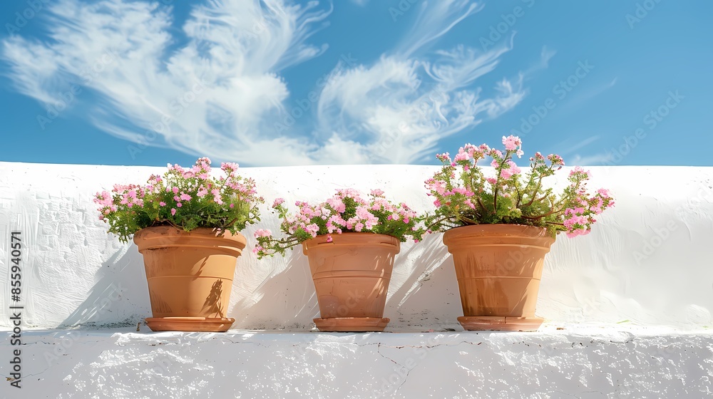 Blue sky white roof and flowerpot illustration poster background Blue sky white roof and flowerpot illustration poster background
