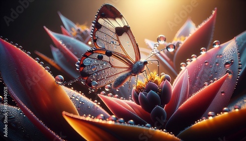 Crie uma imagem digital de alta qualidade de uma borboleta com asas translúcidas cobertas de orvalho, pousada em uma flor exótica com pétalas em tons de vermelho, roxo e rosa, destacada contra um fund