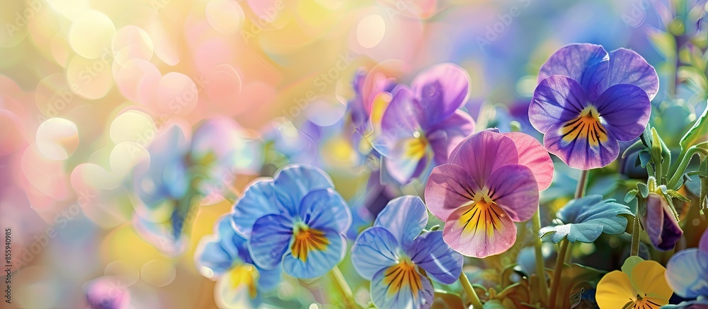Viola tr color in the garden. Flowers of viola. Blossoming viola. pastel background. Copy space image. Place for adding text and design