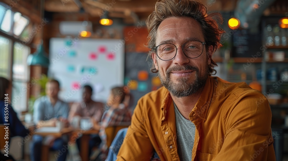 A recreational illustration of a reliable senior man who has a lot of experience is communicating friendly with the audiences who are sitting around him.