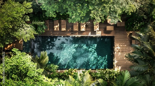 Bird's eye view of a luxurious hunting lodge in a thatched roof treehouse surrounded by lush greenery and an  swimming pool. 