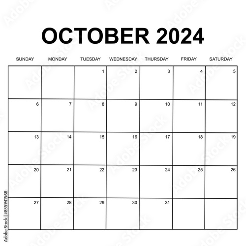 october 2024. Monthly calendar or planner design. week starts on Sunday. Printable, editable and clean design isolated on white background. 