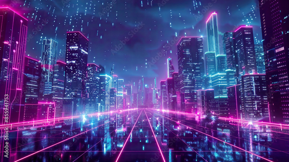Obraz premium Blockchain technology in a neon-lit cityscape cyberpunk style 