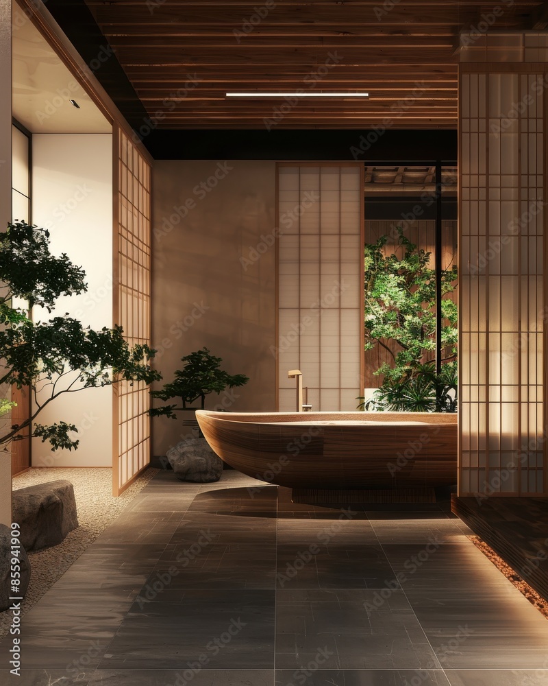 Fototapeta premium Traditional wooden bath made of hinoki wood