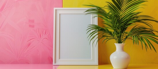 product mock up with white frame with space for text and white vase colorful summer background. Copy space image. Place for adding text and design
