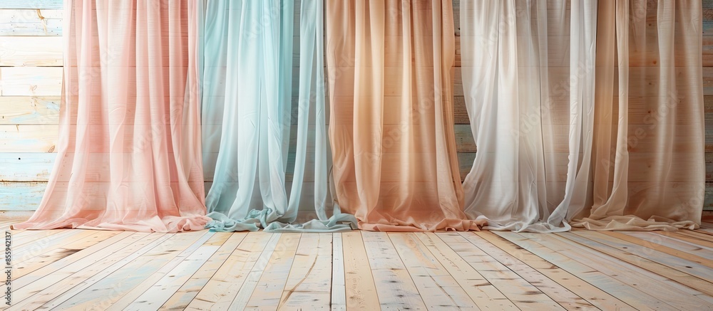 Pastel curtains in rustic wooden room. Luxury curtain, home decor. Copy space image. Place for adding text and design