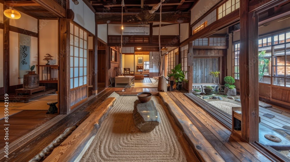 Wooden beams in a rustic Japanese home, traditional architecture, warm and inviting feel, front view, historical cultural heritage, cybernetic tone, Tetradic color scheme Wooden beams in a rustic Japanese home, traditional architecture, warm and inviting feel, front view, historical cultural heritage, cybernetic tone, Tetradic color scheme