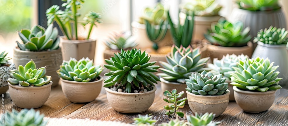 Indoor plants succulents in the stylish interior of a room at home. The concept of home gardening. Cozy home decor - Green garden, collection. Copy space image. Place for adding text and design