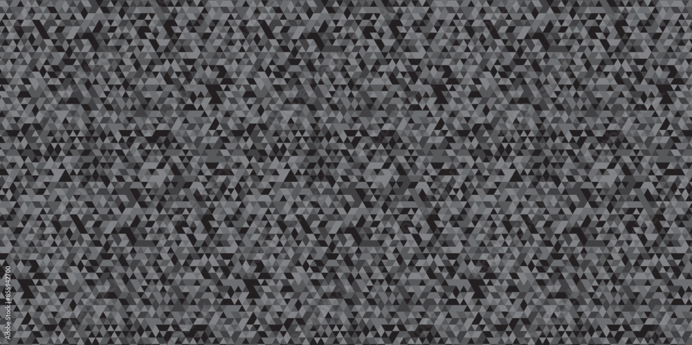Abstract geometric black and gray background seamless mosaic and low polygon triangle texture wallpaper. Triangle shape retro wall grid pattern geometric ornament tile vector square element.