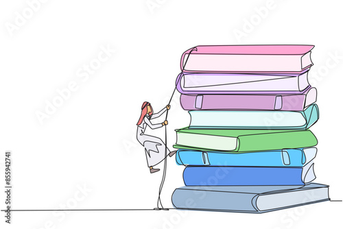 Single one line drawing Arab businessman climbing a pile of books with a rope. Try hard to gain new knowledge for the smooth running of business. Satisfied. Continuous line design graphic illustration