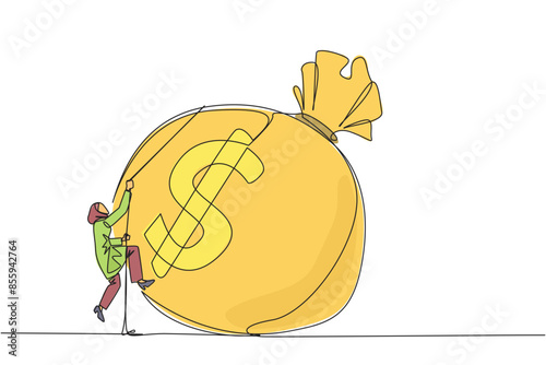 Single one line drawing Arabian businesswoman climbs money bag with rope. Work harder to get very large retirement fund. Bring out abilities to the maximum. Continuous line design graphic illustration