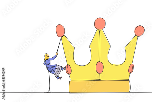 Single continuous line drawing Arabian businesswoman climbs the crown with rope. Prepare for better life by working hard to achieve highest position. Hard worker. One line design vector illustration