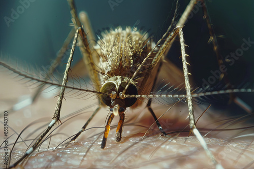 Dangerous Malaria Infected Mosquito Skin Bite. Leishmaniasis, Encephalitis, Yellow Fever, Dengue, Malaria Disease, Mayaro or Zika Virus Infectious Culex Mosquito Parasite Insect Macro
 photo