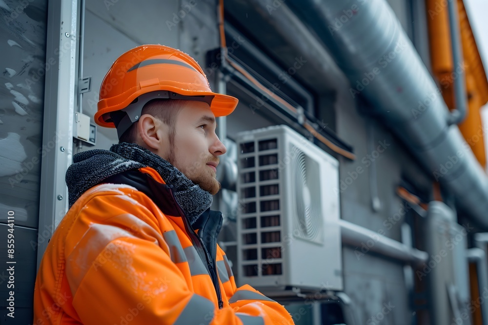 Worker in orange safety jacket and hard hat by building Worker in orange safety jacket and hard hat by building