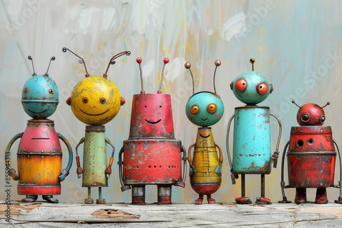 A group of robots are standing next to each other, with one of them being a yellow robot. The robots are all different colors and sizes, and they all have a smile on their faces photo