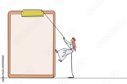 Single continuous line drawing Arabian businessman climbing clipboard with rope. Extra effort to work on reports optimally. The final report is awaited. Work hard. One line design vector illustration