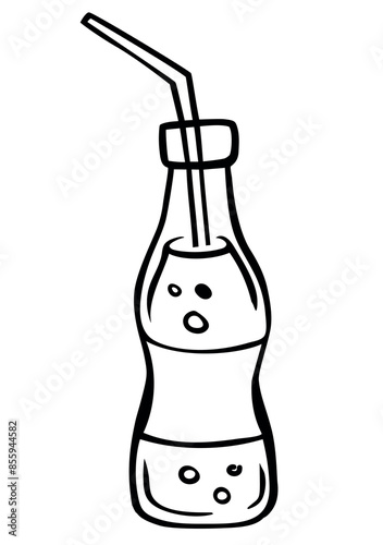 Hand drawn lemonade bottle doodle icon in isolated on a white background. Hand drawn cola bottle black sketch. Decoration element. Vector illustration.