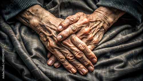 alte Hände , Haut und Falten, vom Leben gezeichnet, liegen auf dunklem Stoff. photo