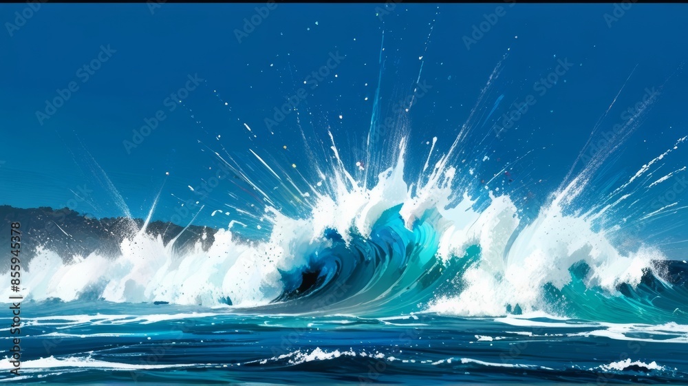 Dynamic artwork depicting a powerful ocean wave splashing energetically ...