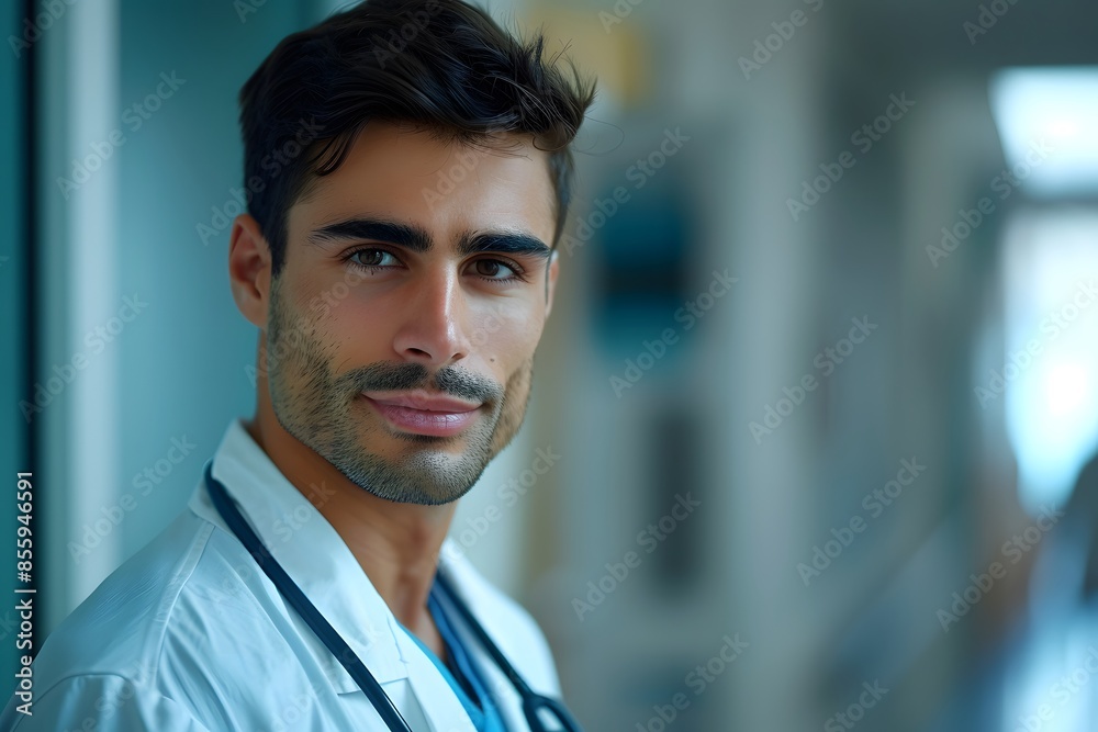 Male doctor white coat hospital hallway Male doctor white coat hospital hallway