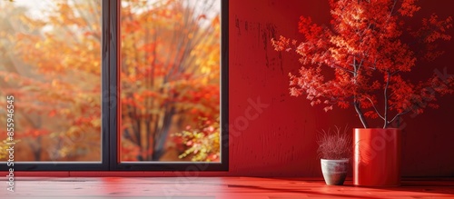 desk of red color big window and autumn . Copy space image. Place for adding text and design