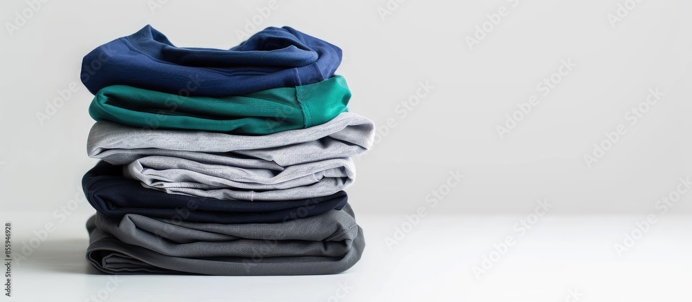 stack of folded clothes Green,grey,navy color long sleeve quick dry sports t-shirt on white background. Copy space image. Place for adding text or design stack of folded clothes Green,grey,navy color long sleeve quick dry sports t-shirt on white background. Copy space image. Place for adding text or design