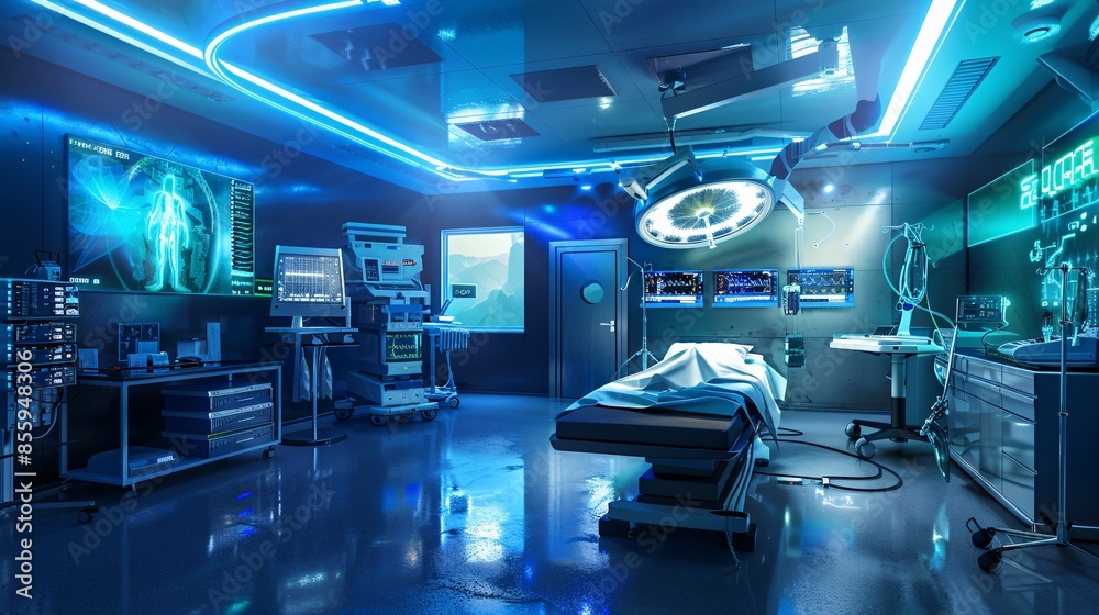 Futuristic ER room with medical biometrics, wide banner design. Futuristic ER room with medical biometrics, wide banner design.