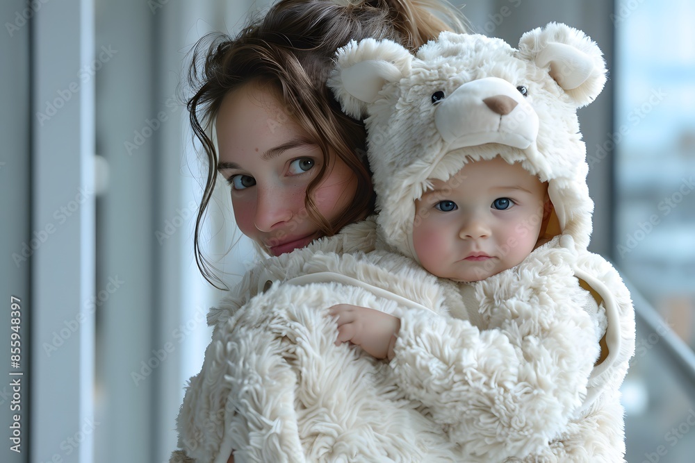 Mother cradling infant in furry bear outfit Mother cradling infant in furry bear outfit