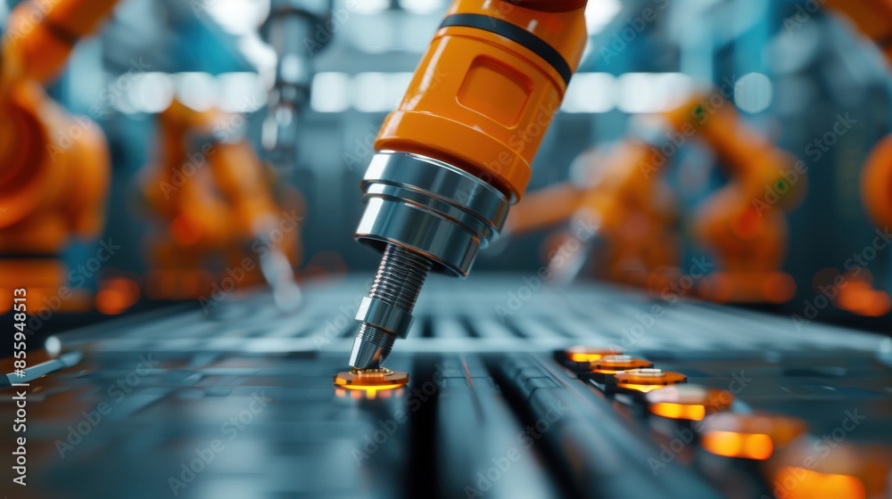 Robotic arms at work in a factory setting, showcasing advanced automation technology in a production line environment. Robotic arms at work in a factory setting, showcasing advanced automation technology in a production line environment.