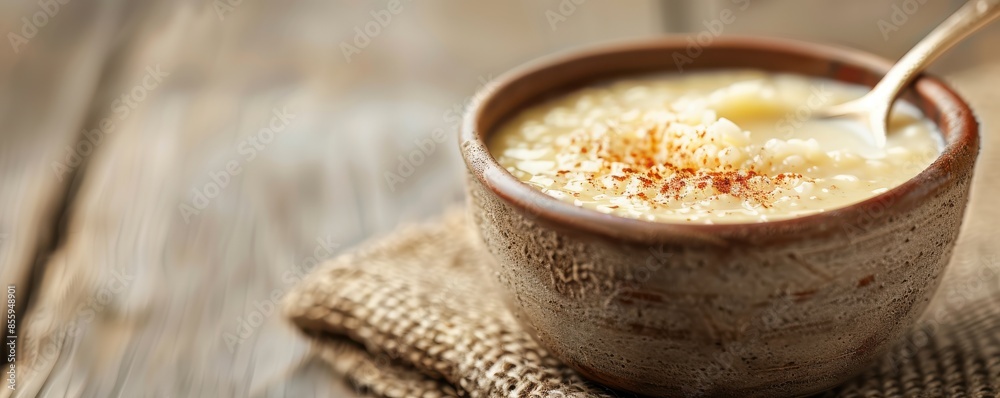 A bowl of creamy oatmeal topped with cinnamon on a wooden table, perfect for a healthy breakfast. Rustic and cozy setting. A bowl of creamy oatmeal topped with cinnamon on a wooden table, perfect for a healthy breakfast. Rustic and cozy setting.