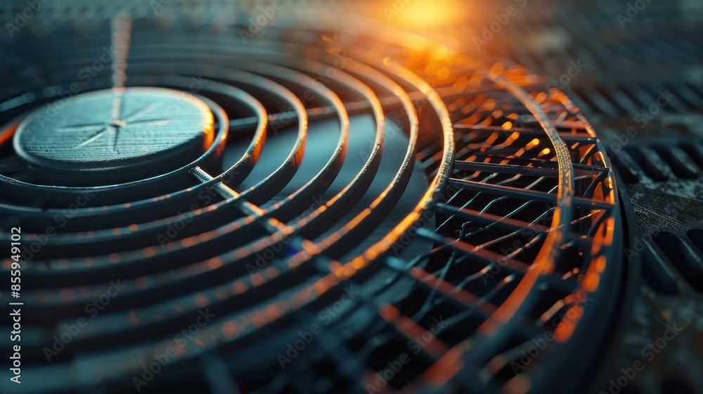A metallic fan grill with sunset light reflections. Industrial and cooling concept in detailed perspective view. A metallic fan grill with sunset light reflections. Industrial and cooling concept in detailed perspective view.