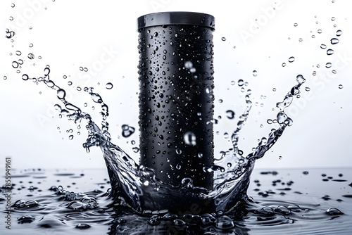Water filter with splashing water close-up