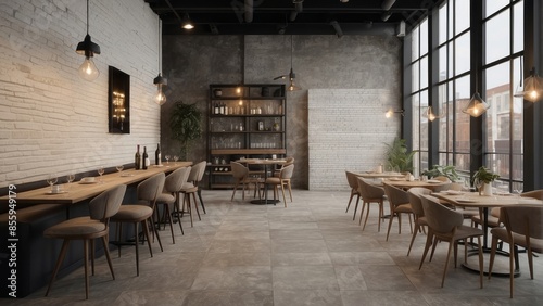 Interior of stylish restaurant with white brick wall