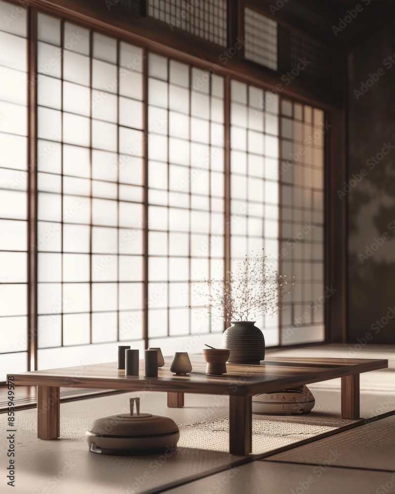 Fototapeta premium Rice paper windows illuminating an Engawa veranda with a low wooden table