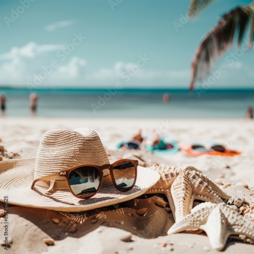 beach with equipment hat and sunglasses