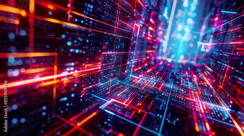 LED light effect futuristic abstract tech glare cubes digital CPU signal shining grid big data neon flare quantum computer network system magic code grid HUD lines web device blocks system