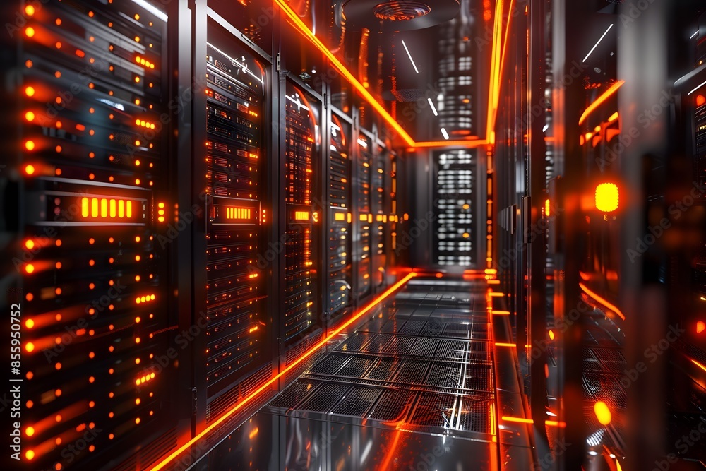 Close-up server room with multiple servers Close-up server room with multiple servers