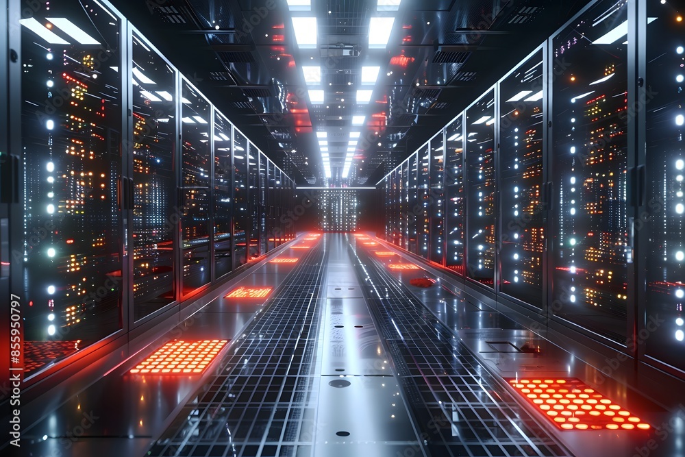 Close-up long corridor servers rows
