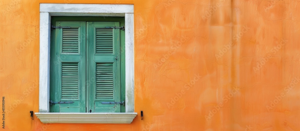 Green window with white frame on orange wall in vintage style. Copy space image. Place for adding text and design Green window with white frame on orange wall in vintage style. Copy space image. Place for adding text and design