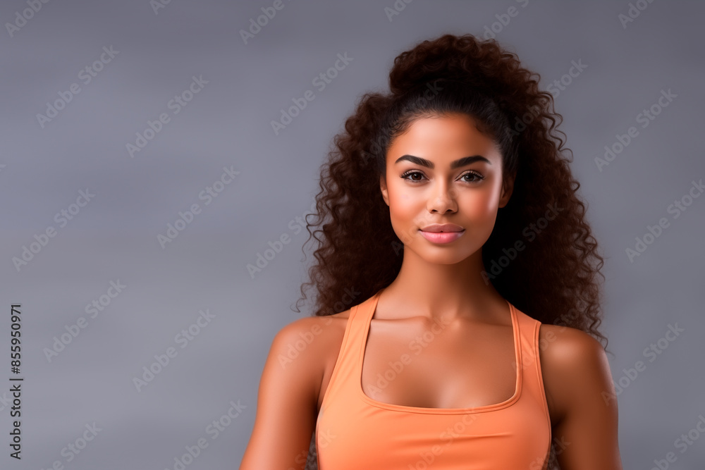 African American woman with curly hair on gray background and sports top. Meditation, yoga, spa, gym and body wellness. Personal trainer. Mental health care and healthy exercise African American woman with curly hair on gray background and sports top. Meditation, yoga, spa, gym and body wellness. Personal trainer. Mental health care and healthy exercise