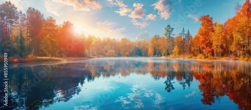 Fototapeta Naklejka Na Ścianę i Meble -  Lake reflecting sky in autumn landscape. Copy space image. Place for adding text or design