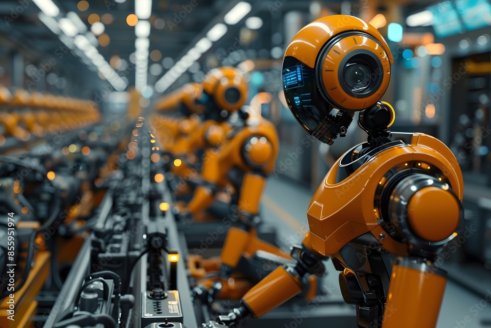 Automated robots on conveyor in manufacturing Automated robots on conveyor in manufacturing