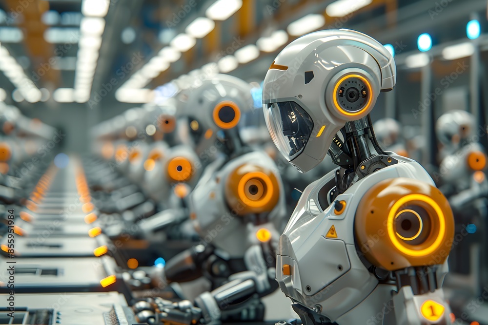 Array of robots in factory with orange lights Array of robots in factory with orange lights